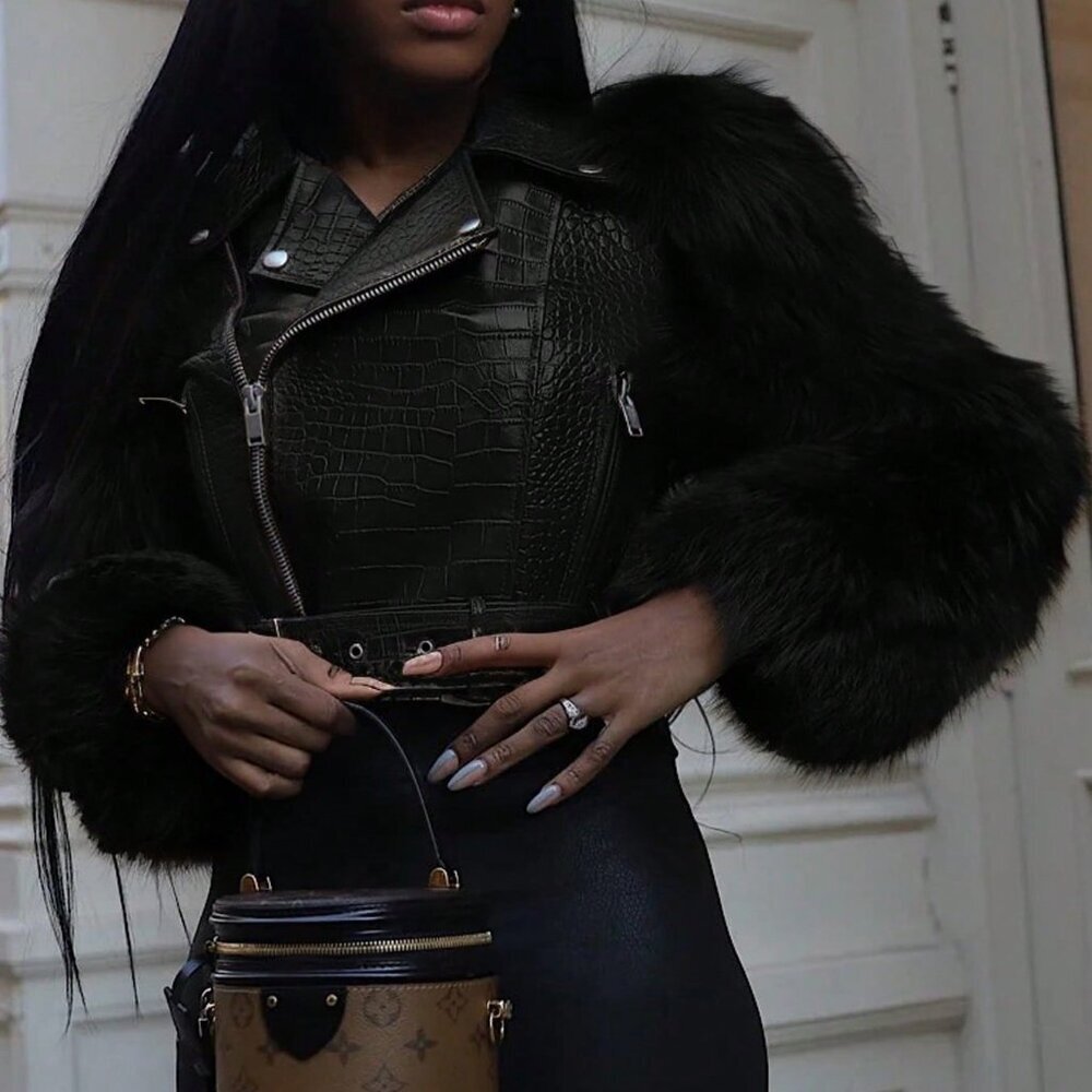 Black Casual Women's Fuzzy Zipper Contrast Faux Fur Coat And - Picture 4 of 4